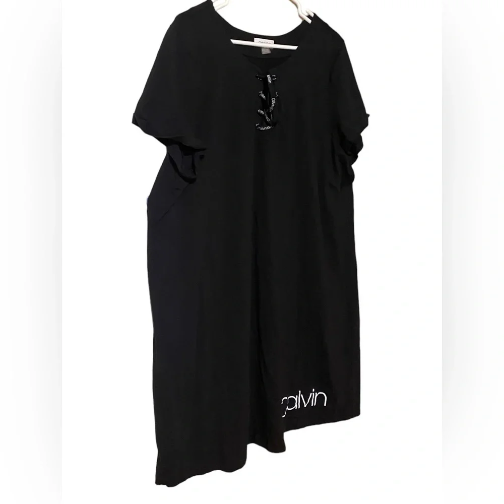 Calvin Klein T-Shirt Dress Women 1X Knee Length Short Sleeve Stretch Logo Comfy